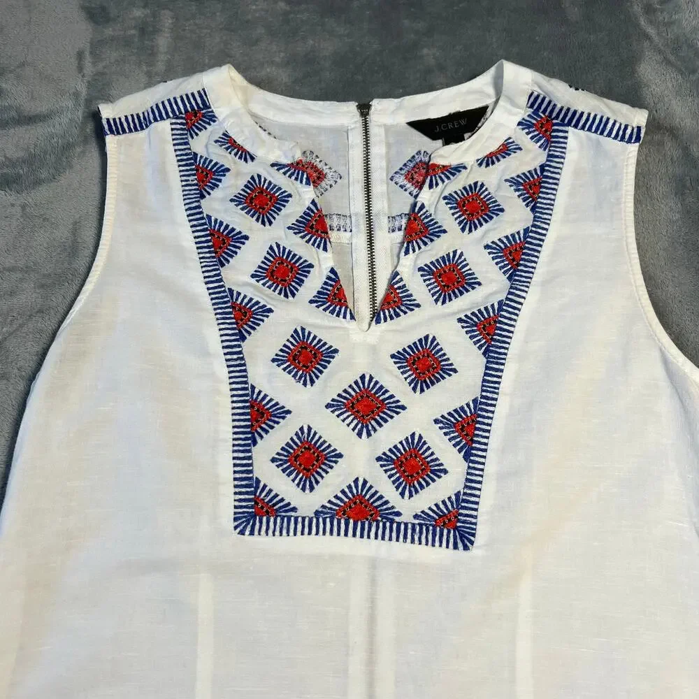 J. Crew Sleeveless V-Neck Embroidered Sunburst Dress Size XS Linen Cotton Boho